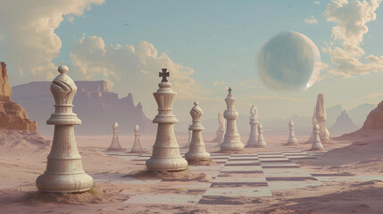 Futuristic Chessboard Game in Desert with Giant Pieces and Fantasy Planet Backdrop - obrazy, fototapety, plakaty