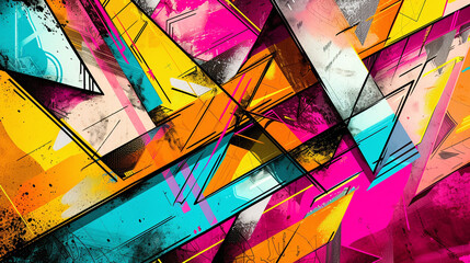 Abstract Vibrant Urban Graffiti Artwork with Geometric Shapes and Grunge Textures in Bold Colors