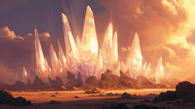 Majestic Crystal Spires in Desert Landscape at Sunset with Warm Tones and Ethereal Light Rays