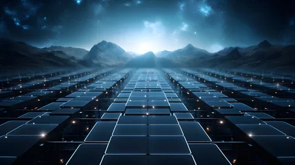 Fotobehang Surreal scene of infinite solar panels amid mountains under a galaxy-filled sky © JohnTheArtist