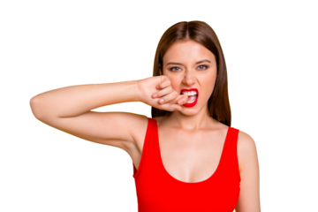 Disagreement pain lifestyle facial emotion expressing concept. Cropped close up photo portrait of beautiful gorgeous stunning nice lady holding forefinger near mouth isolated on vivid background