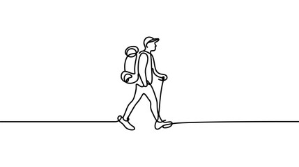 Continuous line drawing of traveler, tourist. Single one line art concept of tourist on white background. Vector illustration - obrazy, fototapety, plakaty