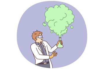 Mad chemical scientist man conducts dangerous chemistry experiment with reagents and fails