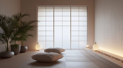 Fototapeta na wymiar Tranquil Japanese Style Room with Shoji Sliding Doors Soft Lighting and Minimalist Zen Decor