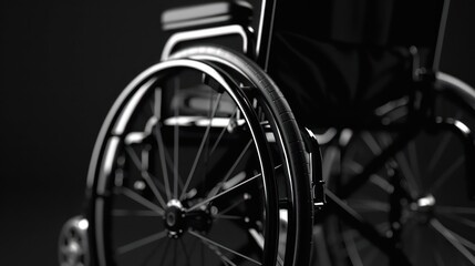 Fototapeta na wymiar A close-up photograph of an empty wheelchair in black background