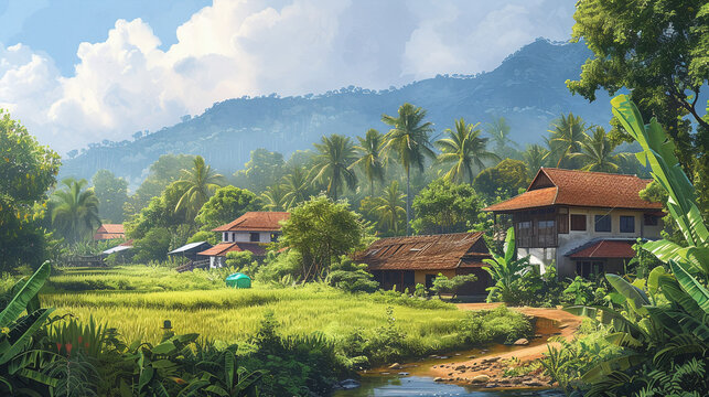 Tropical Village Landscape with Lush Greenery and Traditional Houses Near Mountain Range