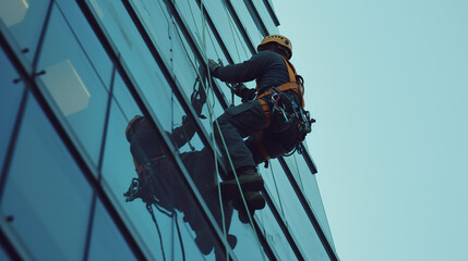 Industrial Rope Access Worker Performing Maintenance on Commercial Building Exterior