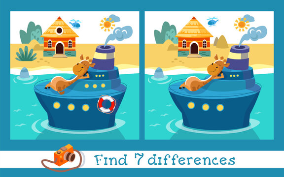 Find 7 differences. Educational puzzle game for children. Cute giraffe on ship. Summer and holidays, travelling. Cartoon scene for design. Vector illustration.