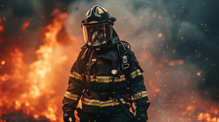 Naklejka premium Brave Firefighter in Full Gear Standing Against Intense Flames and Smoke Background