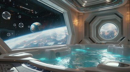 Luxury Spaceship Interior with Panoramic Windows Overlooking Outer Space and Planetary View from Orbit