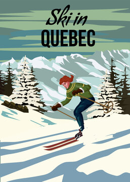 Vintage Travel poster Ski Quebec resort. Canada winter landscape travel card