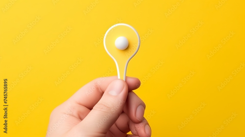 Poster white map pointer 3d pin in hand over yellow background