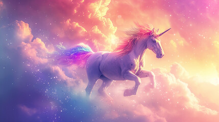 Majestic Unicorn Galloping in Magical Cloudy Sky with Radiant Sunset Glow and Sparkling Stars Fantasy Background Wallpaper