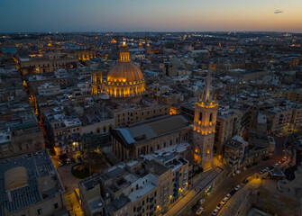 Naklejka premium Evening view of Valletta and cathedral, Malta