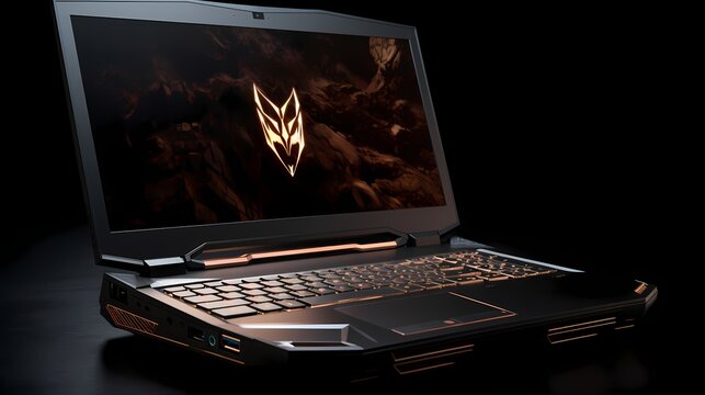 Isolated gaming laptop with a sleek metallic finish, capturing its portable power.