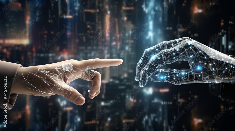 Poster 3d rendering of robot hand vs human hand touching digital world and virtual graphic interface and ar