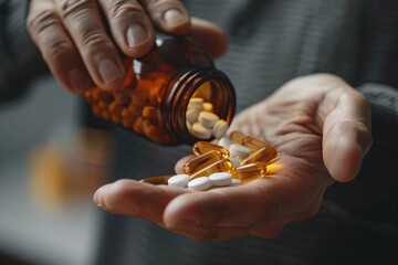 man's hand pouring some pills in his hand from a brown bottle. ai generated - obrazy, fototapety, plakaty