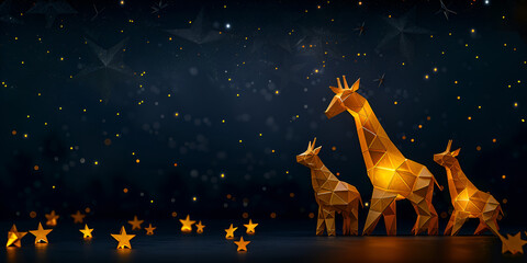 There are three yellow giraffes standing with herd giraffes night sky with stars blurred blue background