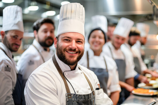 Portrait of confident chef standing with his team in the kitchen of the restaurant. Cooking team posing for a team photo in the kitchen at work. 