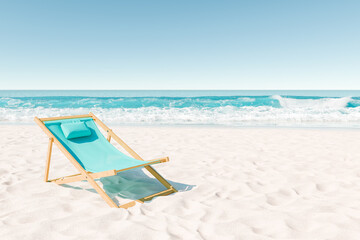 single aqua-colored beach chair on a white sandy beach with vibrant ocean waves in the background. Peaceful vacation concept.