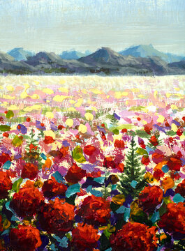 Natural flower painting landscape impressionism with the alpine meadows filled with red wildflower poppies in the mountains art © Original Painting