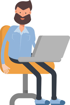 Beard Man Character Working on Laptop

