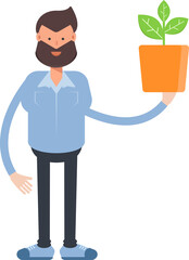Beard Man Character Holding Plant Pot
