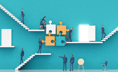 Successful business people working together with puzzle pieces. Business environment concept with stairs, representing career, growth, success, solution and achievement. 3D rendering