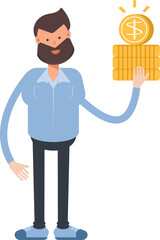 Beard Man Character Holding Dollar Coins
