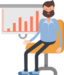 Beard Man Character Presenting Bar Chart
