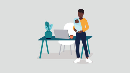 Vektor-Illustration eines Mannes mit einem Baby, der entspannt im Home-Office arbeitet - Business-Konzept