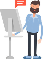 Obraz premium Beard Man Character Working on Computer 