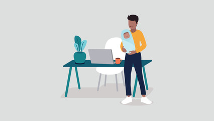 Vektor-Illustration eines Mannes mit einem Baby, der entspannt im Home-Office arbeitet - Business-Konzept