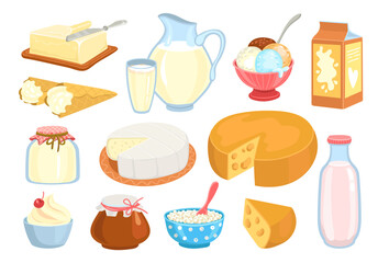 Various milk products. Cartoon dairy food. Cottage cheese. Butter piece. Sour cream. Yoghurt bottle. Jug and glass. Healthy nutrition. Organic curd bowl. Farm meal. Splendid vector set