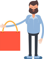 Beard Man Character Holding Shopping Bag
