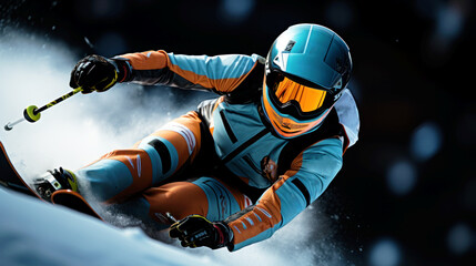 Professional skier in dynamic slalom action.Generative AI. - obrazy, fototapety, plakaty