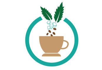 Stevia or candyleaf plant with cubes and coffee beans poured on coffee cup concept. Editable Clip Art.