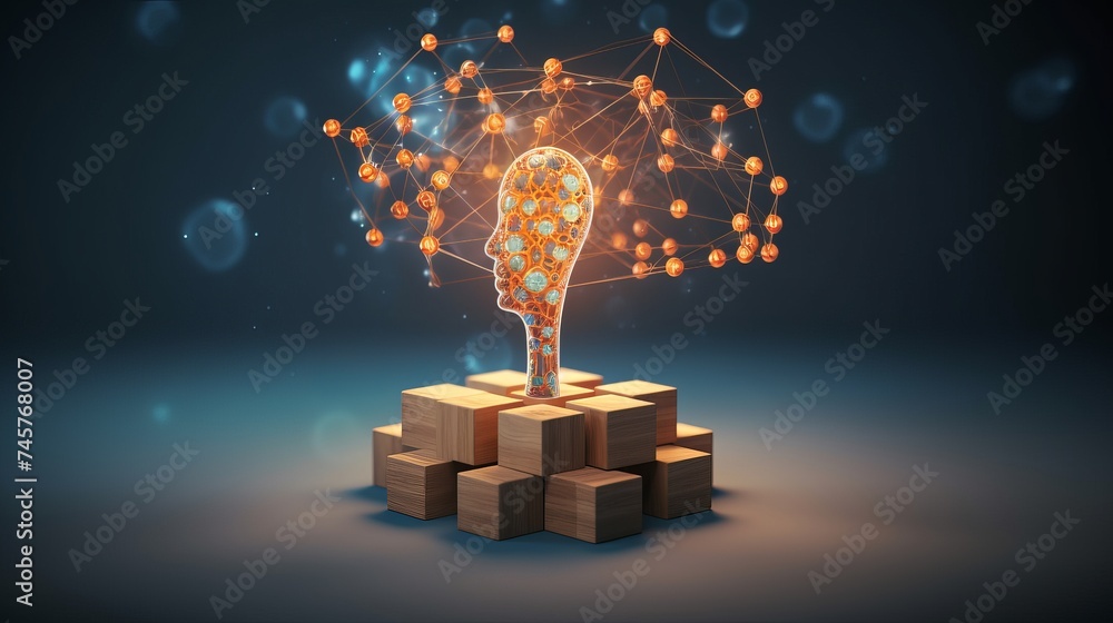 Poster ai (artificial intelligence) concept. a wooden cube with a person icon links the connection network 
