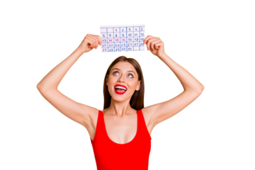 Journey travel trip tourism tourist people person leisure delight concept. Photo portrait of pretty laughing cool dreamy cheerful joyful pleased lady holding calendar over head isolated background
