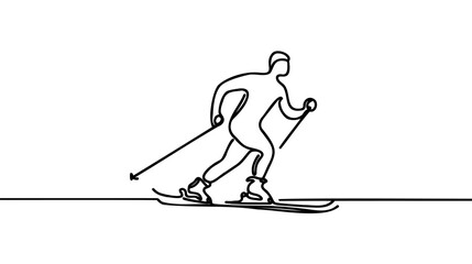 Fototapeta premium Thin one continuous line illustration drawing skier, skiing, descent from the mountain. Winter sport and tourism concept