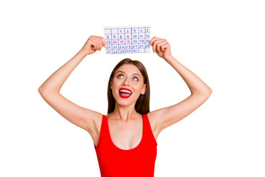 Journey travel trip tourism tourist people person leisure delight concept. Photo portrait of pretty laughing cool dreamy cheerful joyful pleased lady holding calendar over head isolated background
