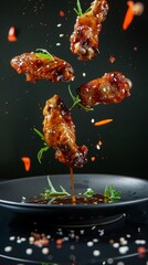Crispy Chicken Wings Suspended Midair with Tangy Sauce and Aromatic Spices