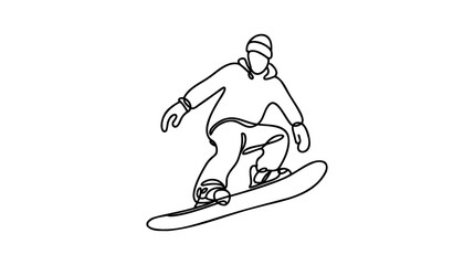 One continuous line drawing of young sporty man snowboarder riding snowboard and jump at alps snowy powder mountain.