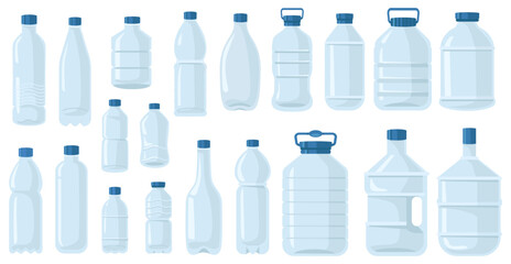 Empty plastic bottles. Transparent containers for clean drinking water. Mockups for advertising. Beverage packaging. Package shapes. Aqua storage. Disposable flasks. Recent vector set
