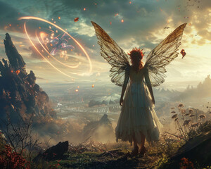 A fairy casting spells to protect her family from a sci fi virus in a hellish landscape movie style poster