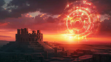 A dramatic sunset over ancient ruins zodiac symbols glowing with ethereal energy invoking a deep belief in destiny