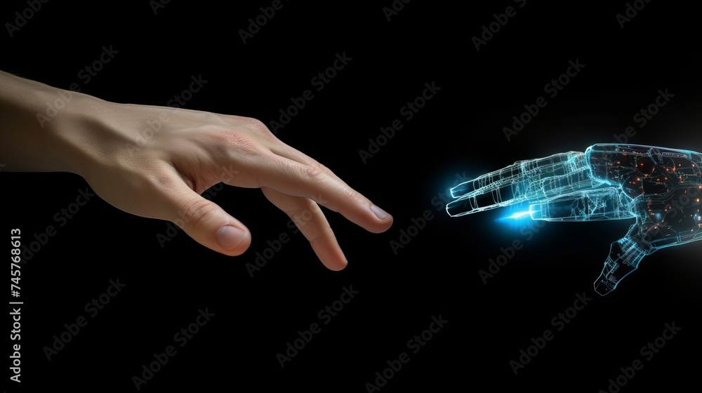 Poster artificial intelligence, future technology and business concept - robot and human hand with flash li