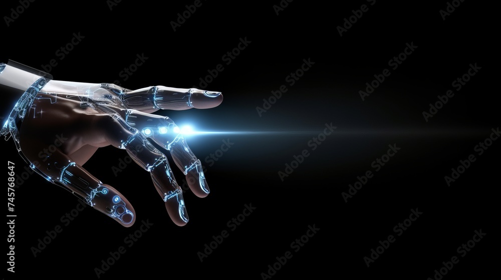 Poster artificial intelligence, future technology and business concept - robot and human hand with flash li