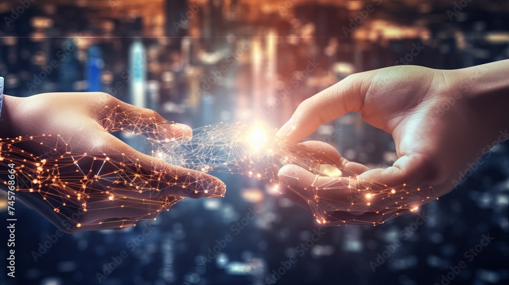 Poster ai, machine learning, hands of robot and human touching on big data network connection background, s