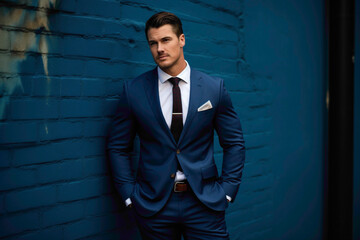 A suave gentleman in tailored business attire stands against a bold blue solid wall background, radiating charm and confidence with every pose.